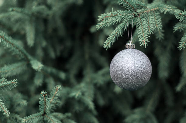 istock One silver Christmas ball is hanging on the tree 1282200173