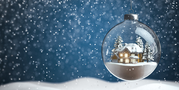 Christmas snow ball with house inside it and snowfall. 3d illustration