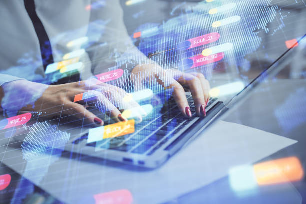 istock Multi exposure of woman hands working on computer and data theme hologram drawing. Tech concept. 1282202877