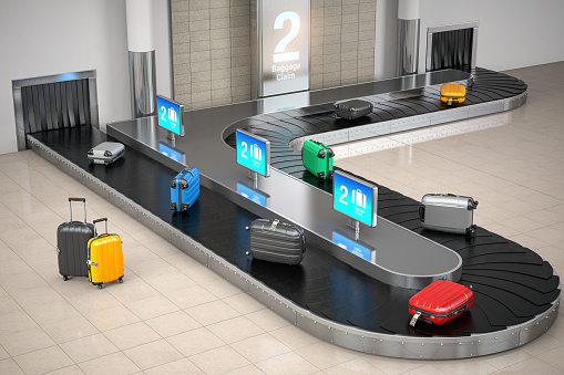 Baggage claim in airport terminal. Suitcases on the airport luggage conveyor belt. 3d illustration