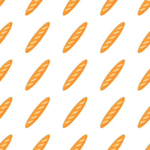 векторный бесшовный узор с мягким свежим хлебом или багетом, изолированным на белом фоне - baguette stock illustrations