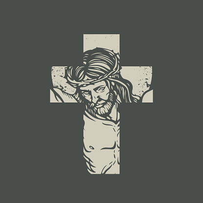 Christian or Catholic cross sign with crucified jesus christ on a dark background. Jesus Face on the cross. Vector illustration, religious symbol, icon, , print, tattoo, design element