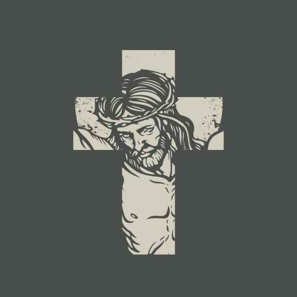 The sign of Christian cross with crucified jesus Christian or Catholic cross sign with crucified jesus christ on a dark background. Jesus Face on the cross. Vector illustration, religious symbol, icon, , print, tattoo, design element crucifix illustrations stock illustrations