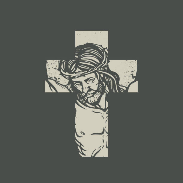 The sign of Christian cross with crucified jesus Christian or Catholic cross sign with crucified jesus christ on a dark background. Jesus Face on the cross. Vector illustration, religious symbol, icon, , print, tattoo, design element jesus christ icon stock illustrations