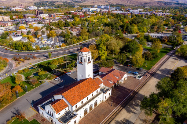 istock Unique view of the Boise train Depot with university campus in fall 1282206978