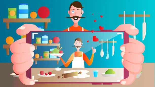 Vector illustration of Vlogging about Food Preparation