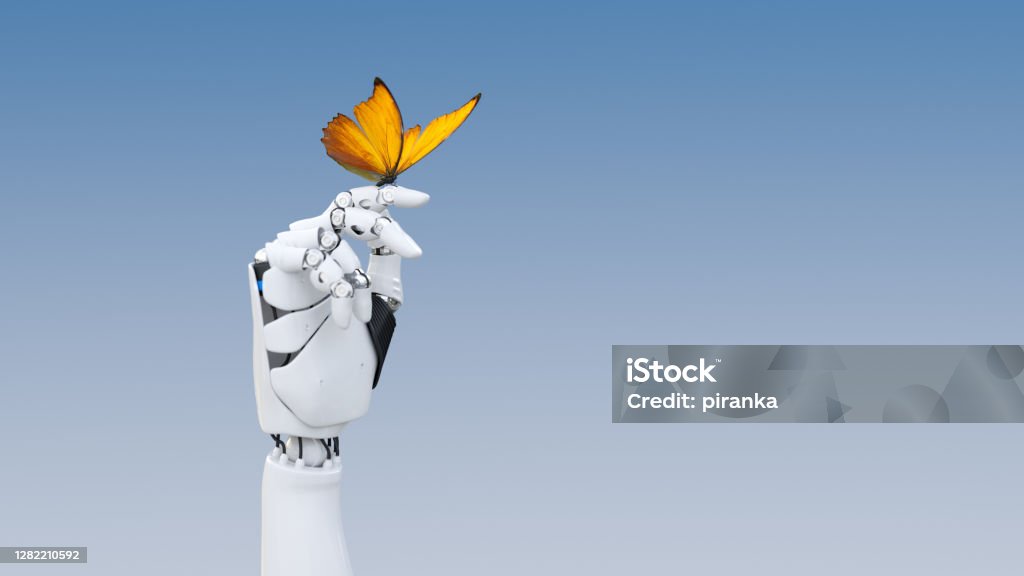 Gentle robot hand A yellow butterfly poised on a robot finger Artificial Intelligence Stock Photo