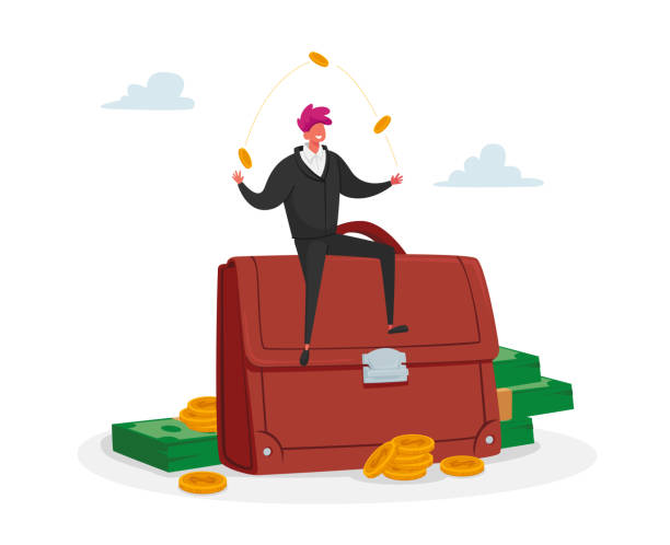 Invest Portfolio, Stock Market Trading Concept. Tiny Investor Male Character Sit at Huge Briefcase Juggling with Coins Invest Portfolio, Stock Market Trading Concept. Tiny Investor Male Character Sitting at Huge Briefcase Juggling with Coins. Professional Economic Management Strategy. Cartoon Vector Illustration expense illustrations stock illustrations