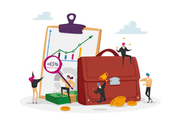 Tiny Male and Female Investors at Huge Briefcase and Info Chart with Graphs. Invest Portfolio, Stock Market Trading Tiny Investors Male and Female Characters at Huge Briefcase and Info Chart, Graph. Invest Portfolio, Stock Market Professional Trading Strategy, Economic Management. Cartoon People Vector Illustration entrepreneur stock illustrations