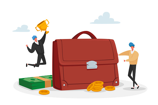 Tiny Investors Male Characters at Huge Briefcase Celebrate Win with Golden Goblet. Invest Portfolio, Stock Market Professional Trading Strategy, Economic Management. Cartoon People Vector Illustration