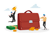 istock Tiny Investor Male Characters at Huge Briefcase Celebrate Win with Golden Goblet. Invest Portfolio, Stock Market Trading 1282216335