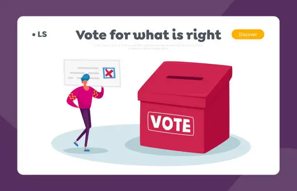 Vector illustration of Vote, Election and Social Poll Landing Page Template. Tiny Voter Man Casting Ballots at Polling Place During Voting