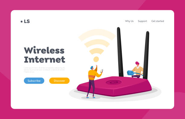 illustrazioni stock, clip art, cartoni animati e icone di tendenza di connessione wireless, modello di pagina di destinazione della tecnologia moderna. i caratteri minuscoli usano il router wifi. persone che navigano su internet - modem wireless technology wlan communication