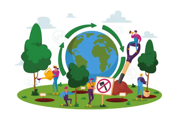 Vector illustration of World Environment Day, Reforestation, People Characters Planting Seedlings and Growing Trees into Soil Working in Garden