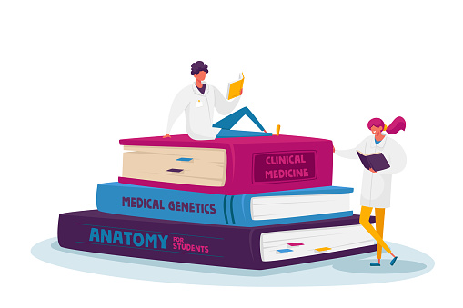 Tiny Medical Interns Characters in White Robe Studying Medicine Disciplines on Read on Huge Books Pile Prepare for Examination. Students Learning Occupation. Cartoon People Vector Illustration