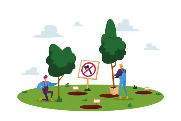 Vector illustration of Male Characters Planting Seedlings and Trees into Soil in Garden, Save World, Reforestation Concept. Nature, Environment