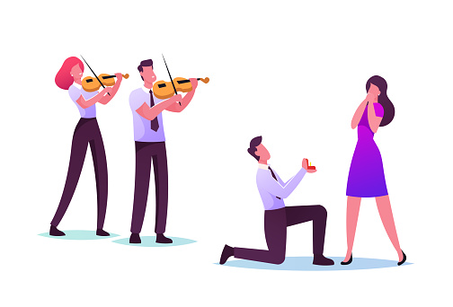 Love, Engagement and Marriage Concept. Man Stand on Knee Holding Ring in Box Making Proposal to Woman in Romantic Setting with Musicians, Characters Loving Relation. Cartoon People Vector Illustration