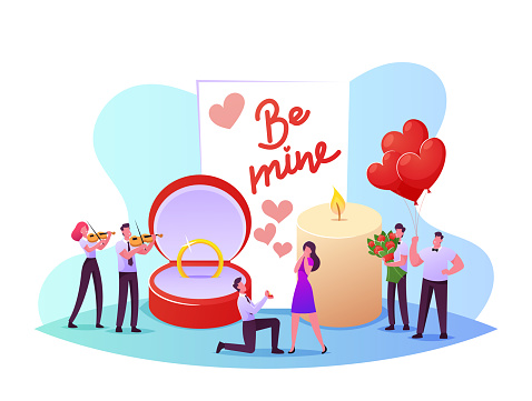 Man Stand on Knee Holding Ring in Box Making Romantic Proposal to Woman Asking her Marry him. Love, Engagement and Marriage Concept. Characters in Loving Relations. Cartoon People Vector Illustration