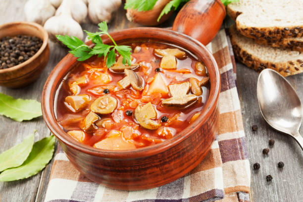 istock Vegetarian beetroots soup with  mushrooms 1282217995