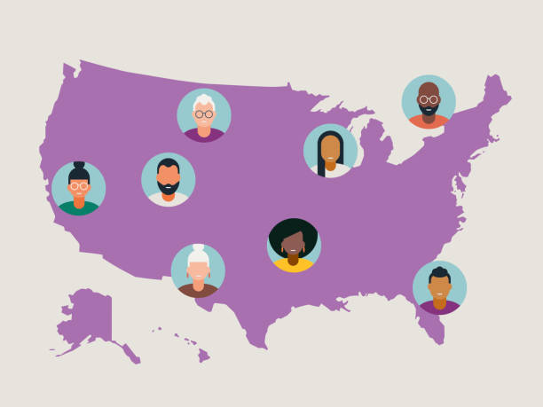 Illustration of diverse avatars placed on United States map Illustration of diverse avatars placed on United States map map clipart stock illustrations