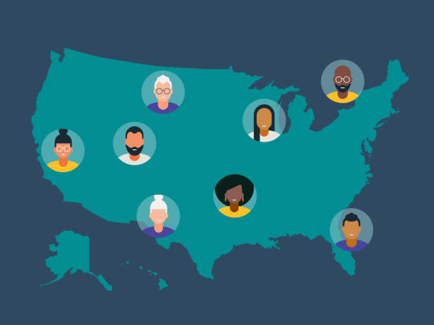 Illustration of diverse avatars placed on United States map Illustration of diverse avatars placed on United States map hometown stock illustrations