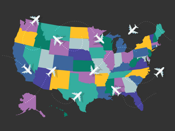istock Illustration of airplane flights on United States map 1282219825