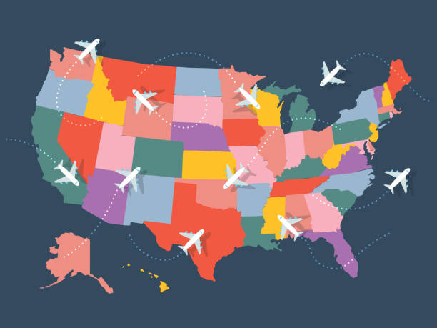 istock Illustration of airplane flights on United States map 1282219866