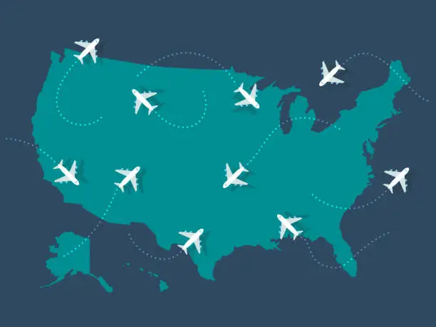 Vector illustration of Illustration of airplane flights on United States map