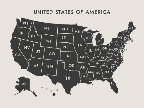 ilustrações, clipart, desenhos animados e ícones de ilustração do mapa vetorial dos estados unidos com rótulos estatais - map cartography connecticut drawing