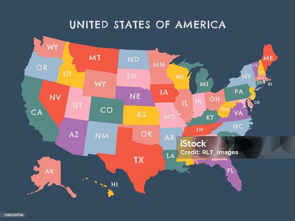 Devlet etiketleri ile renkli Amerika Birleşik Devletleri vektör haritası illüstrasyon - Royalty-free ABD Vector Art