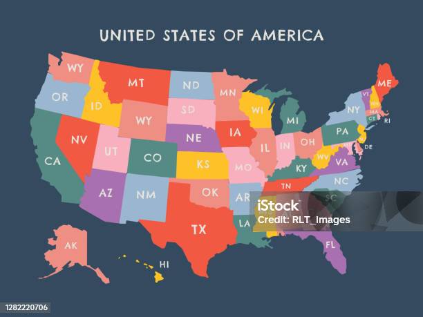 Devlet Etiketleri Ile Renkli Amerika Birleşik Devletleri Vektör Haritası Illüstrasyon Stok Vektör Sanatı & ABD‘nin Daha Fazla Görseli