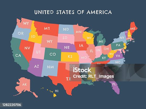istock Colorful United States vector map illustration with state labels 1282220706