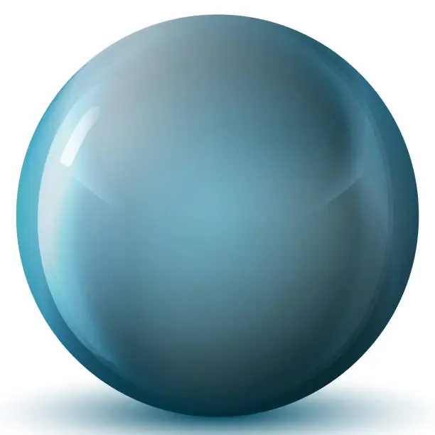 Vector illustration of Glass blue ball or precious pearl. Glossy realistic ball, 3D abstract vector illustration highlighted on a white background. Big metal bubble with shadow.