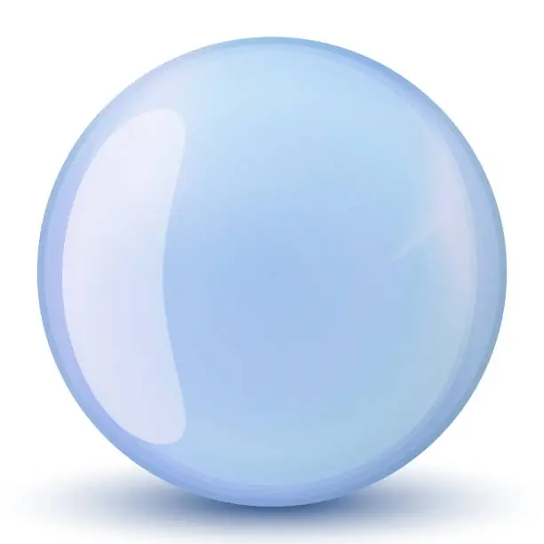 Vector illustration of Glass blue ball or precious pearl. Glossy realistic ball, 3D abstract vector illustration highlighted on a white background. Big metal bubble with shadow.