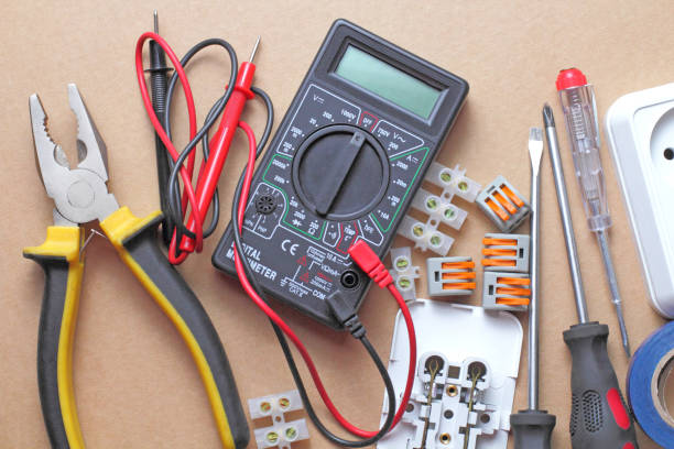 istock Flat lay, tools and equipment of an electrical engineer or professional worker on a craft background, place for text. 1282226427