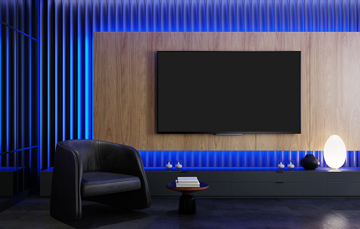 8K TV Sala de estar minimalista moderna con TV plana con luces LED detrás del panel de pared photo