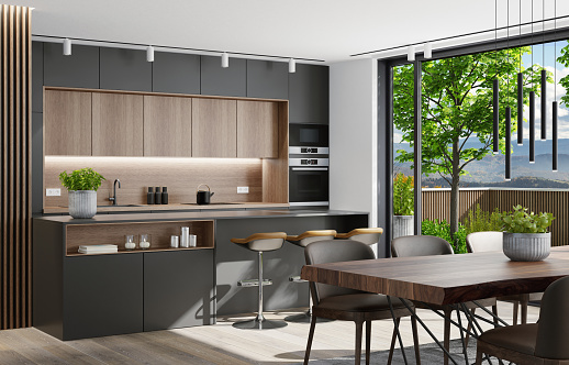 Country villa inteior with small garden. Modern black Italian style open concept kitchen with island table with three stools and lots of natural light.\nModern dining table with chairs. Functional, modern one wall kitchen with black and wood cabinets.\nHardwood flooring. 3d rendering.