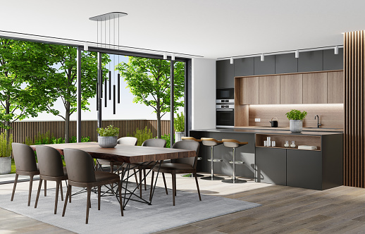 Country villa inteior with small garden. Modern black Italian style open concept kitchen with island table with three stools and lots of natural light.
Modern dining table with chairs. Functional, modern one wall kitchen with black and wood cabinets.
Hardwood flooring. 3d rendering.