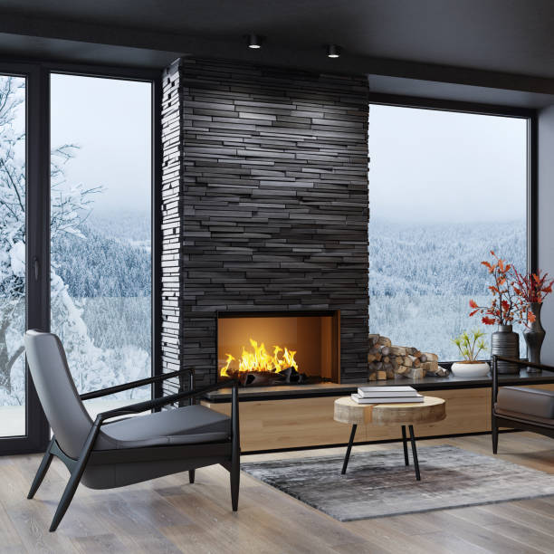 salon minimaliste de modèle scandinave moderne avec cheminée en pierre d’ardoise noire - winter palace photos et images de collection