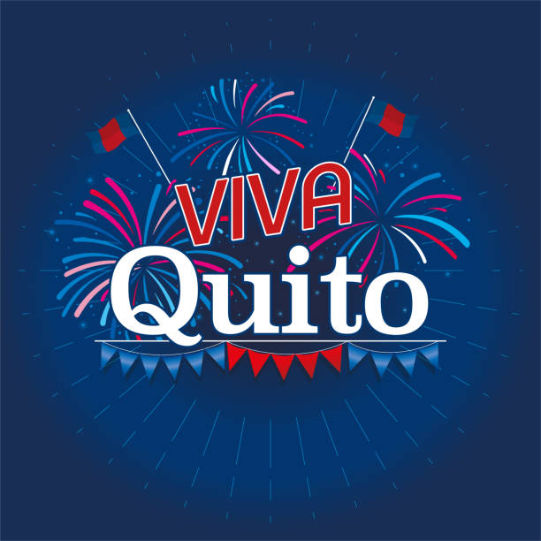 viva quito - スペイン語でのライブキト - 青、赤と白とダークブルーの背景の単語の下にペナントと白のテキスト。ベクター画像 - キト点のイラスト素材／クリップアート素材／マンガ素材／アイコン素材