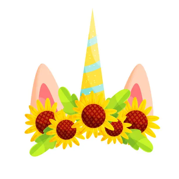 Vector illustration of Unicorn headband with sunflowers wreath cartoon illustration