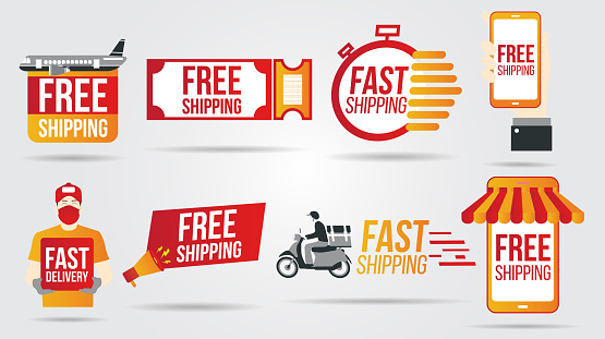 Free and fast shipping delivery icons and buttons pack logistics transportation shipping service warehouse industry and global theme Vector illustration.Flat vector illustrations on white background.