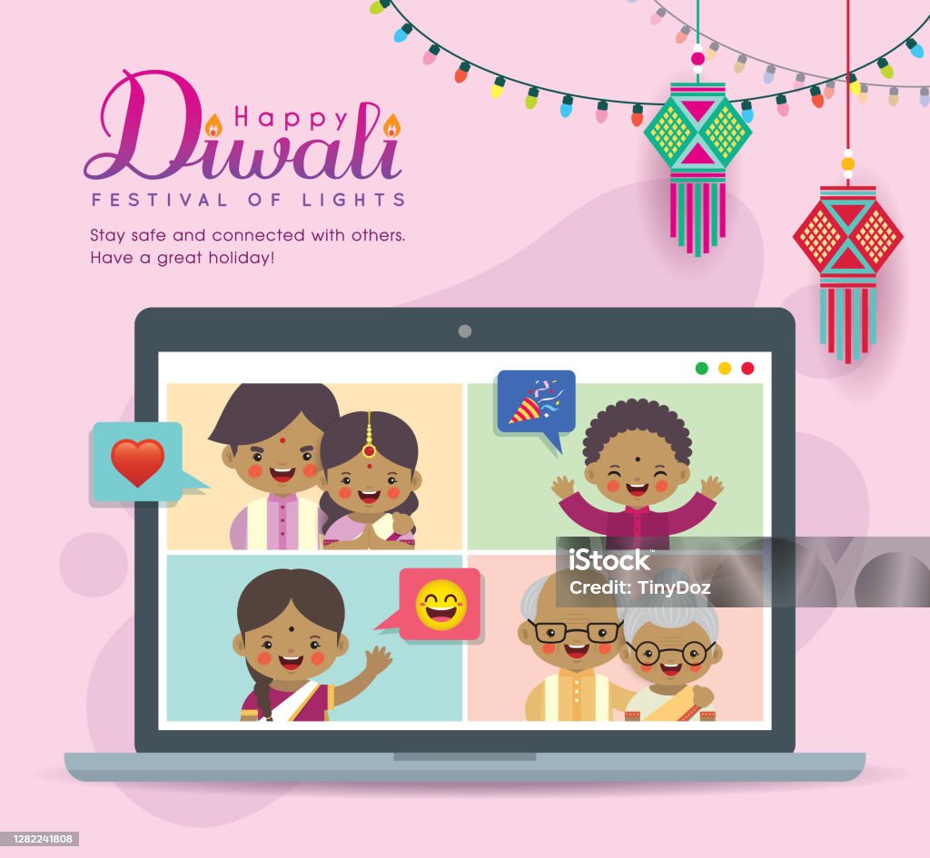 Cartoon Indian People Video Calling With Family Via Laptop Stock  Illustration - Download Image Now - iStock