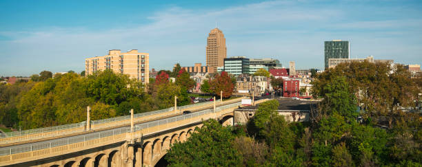 Albertus L. Meyers Bridge leading to Downtown Allentown, Pennsylvania. Aerial view on the sunny autumn day. Extra-large high-resolution stitched panorama. Albertus L. Meyers Bridge, Allentown, Pennsylvania, USA. allentown pennsylvania stock pictures, royalty-free photos & images
