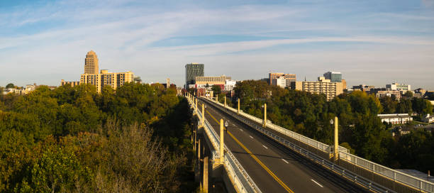 Albertus L. Meyers Bridge leading to Downtown Allentown, Pennsylvania. Aerial view on the sunny autumn day. Extra-large high-resolution stitched panorama. Albertus L. Meyers Bridge, Allentown, Pennsylvania, USA. allentown pennsylvania stock pictures, royalty-free photos & images