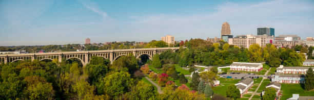 Albertus L. Meyers Bridge in Allentown, Pennsylvania. Aerial view on the sunny autumn day. Extra large high-resolution stitched panorama. Albertus L. Meyers Bridge, Allentown, Pennsylvania, USA. allentown pennsylvania stock pictures, royalty-free photos & images