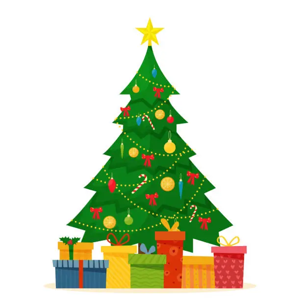 Vector illustration of Decorated christmas tree with gift boxes, star, lights, decoration balls and lamps. Merry Christmas and a happy new year. Flat style vector