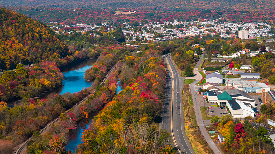 The aerial view of the small town Parriville nearby Lehigh River, Pennsylvania, in fall.