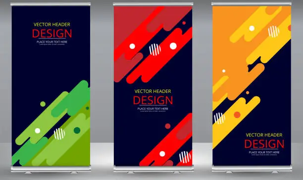 Vector illustration of Roll up banner colors shape standee business brochure template design.