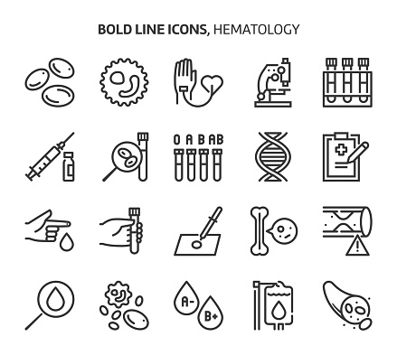 Hematology, bold line icons. The illustrations are a vector, editable stroke, 48x48 pixel perfect files. Crafted with precision and eye for quality.